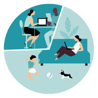 Illustration depicting people working in an office and at home.