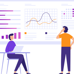 Illustration of two people reviewing charts and graphs.