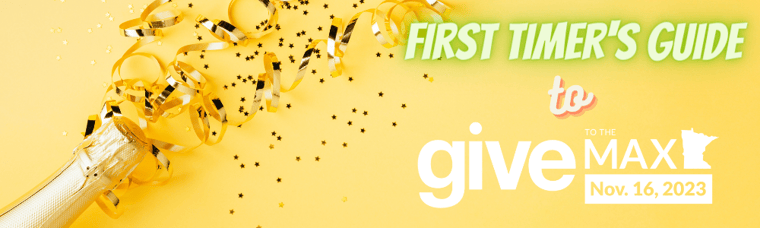 Celebration-themed image with text "First Timer's Guide to Give to the Max"