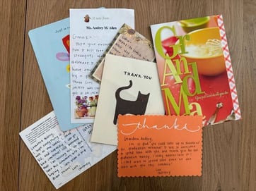 An array of thank-you cards saved by Courtney's grandmother