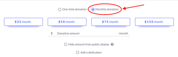 Screenshot showing the button to click to begin a monthly gift.